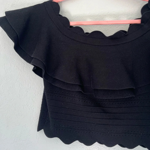 Endless Rose Black Ruffle Off the Shoulder Eyelet Crop Top with Scalloped Edge S - Picture 10 of 10